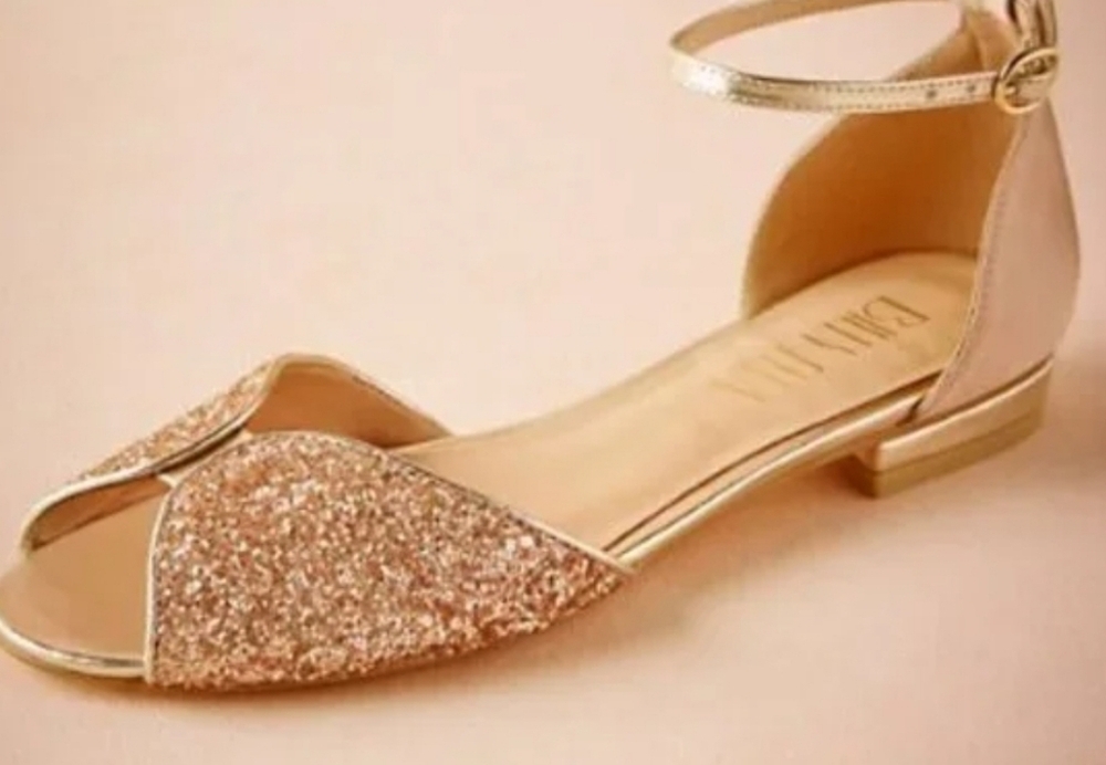 BHLDN Rose Gold Glitter Ankle-Strap Flats